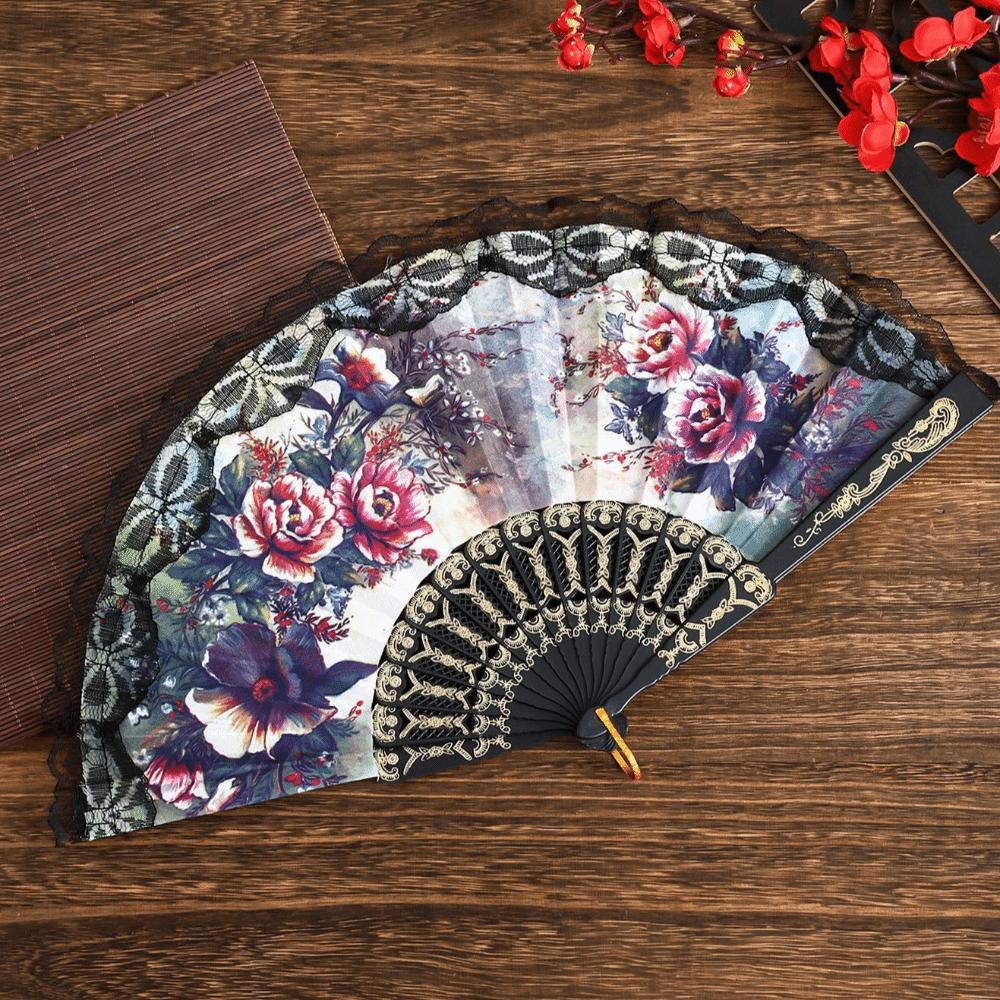 Plastic Ribs Spanish Folding Fan Lace Trim Edge Handheld Fan Elegant Dance Prop Fan Gift