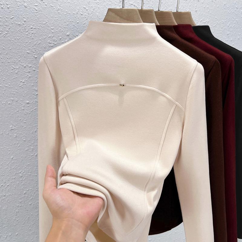 

Semi-turtleneck Tencel velvet bottoming shirt for women s autumn and winter with velvet inside, high-end outer wear fish bone velvet top M