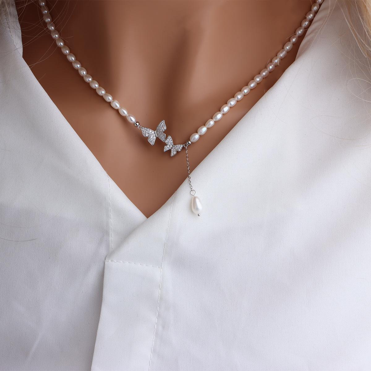 Pearl Necklace Versatile in Style Natural Freshwater Rice Pearl Butterfly Fringed Clavicle Chain Premium Sense