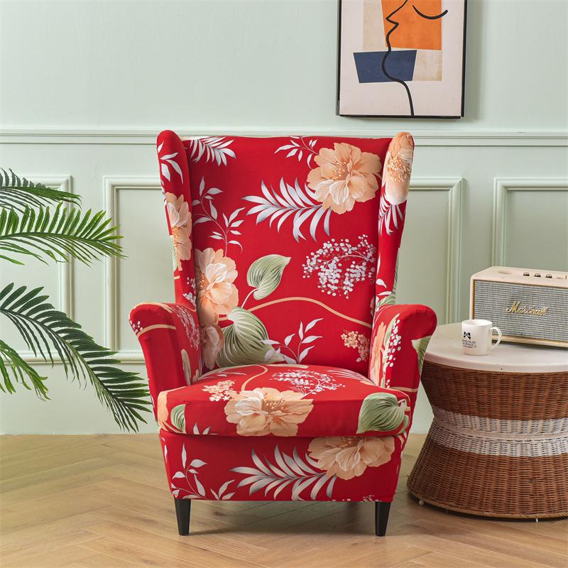 Spandex Stretch Wing Chair Cover Floral Printed High Back Armchair Covers Elastic Relax Sofa Slipcovers with Seat Cushion Cover