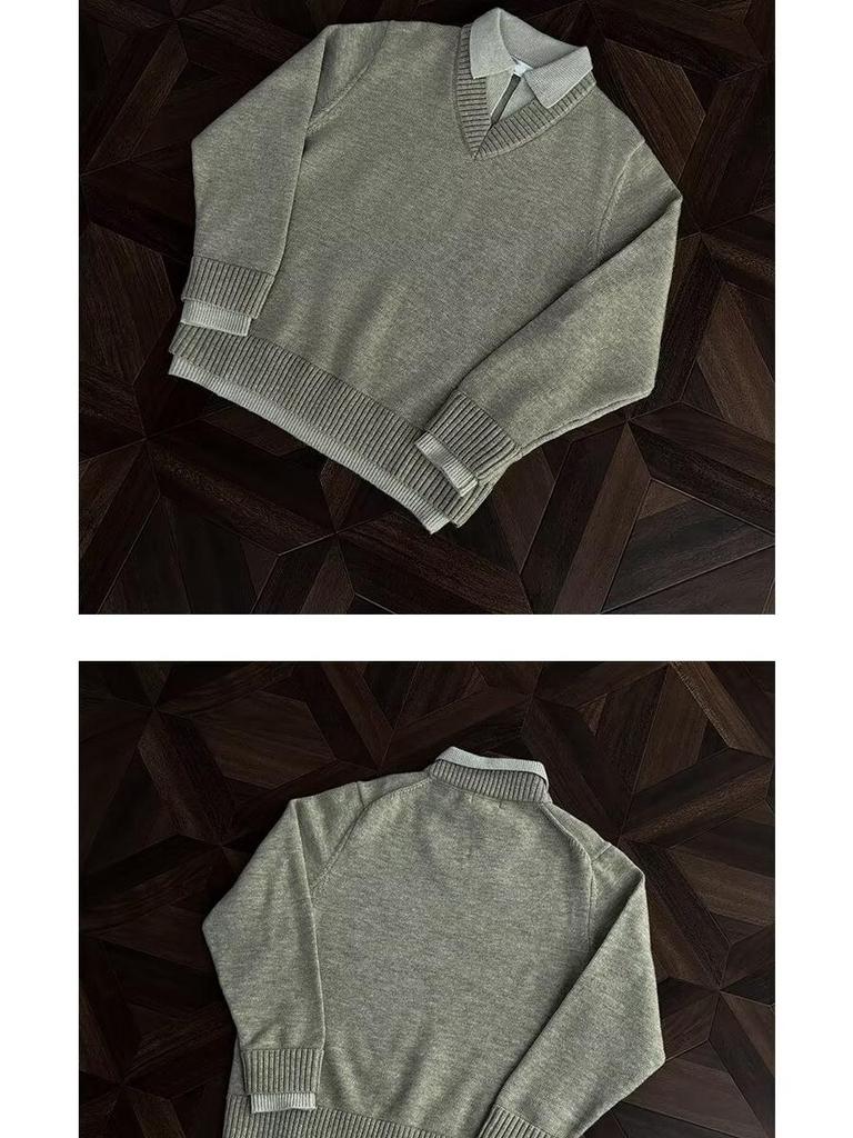 Herren V-Ausschnitt Retro-Stil Strickoberteil - Fake Zweiteiler, Winter Kragen, Lockerer Schnitt