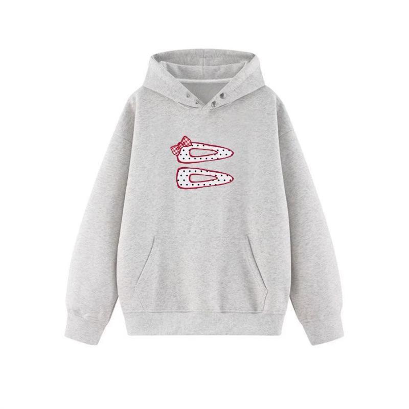 

Сладкие стильные толстовки с капюшоном с принтом Осень Зима Уличная одежда На пуговицах Женская одежда Повседневные карманы Комбинированные Свободные худи L серый