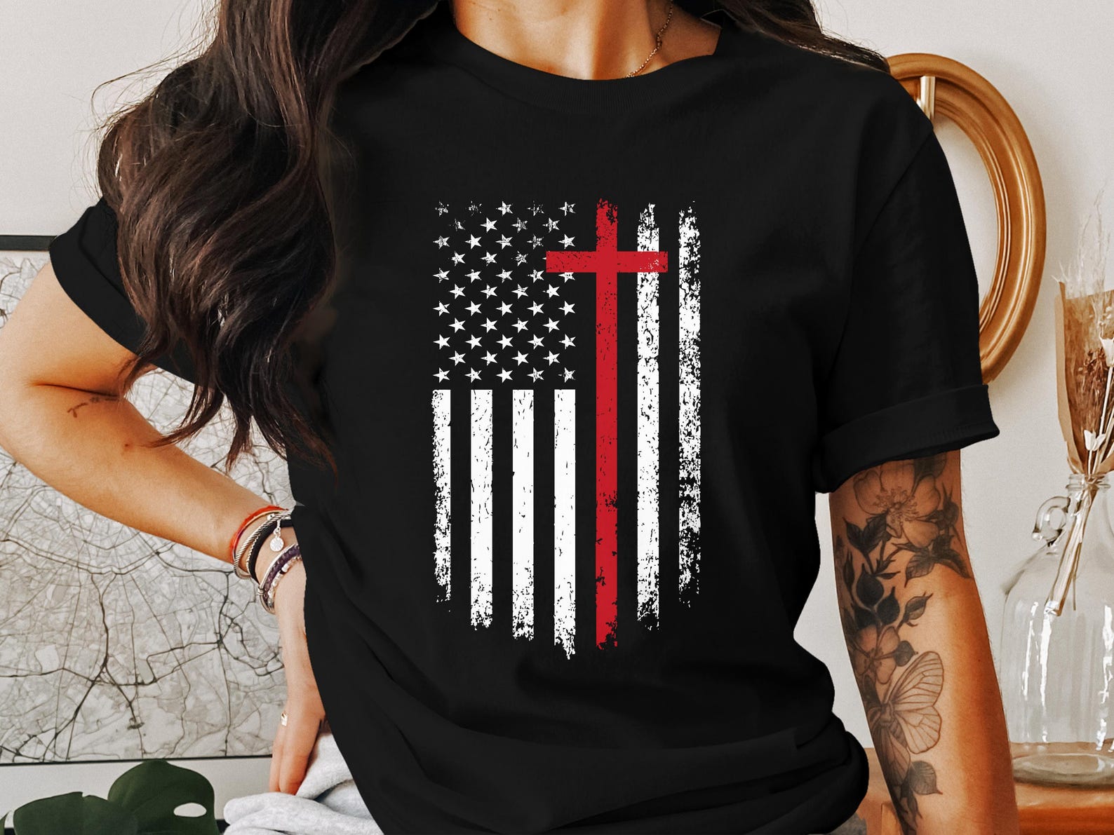 Christian American Flag T-Shirt, Distressed Cross USA Tee, Patriotic Jesus Faith Shirt, God and Country, Religious Gift, Christianity S