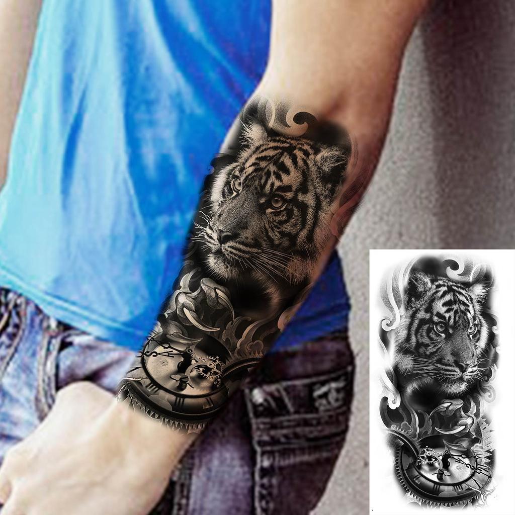 1 Sheet Lion Wolf Skeleton Nun Tiger Black Temporary Tattoos For Men Adult Leg Arm Compass Flower Fake Tattoo Sticker Waterproof