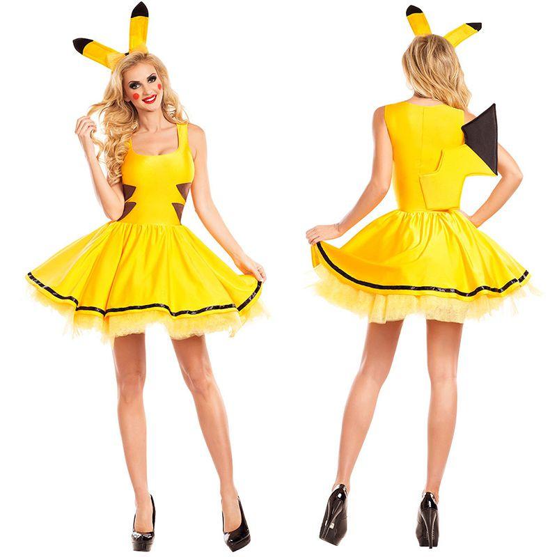 Cadılar Bayramı Kutlamaları İçin Tül Detaylı Muhteşem Sarı Pokemon Pikachu Kadın Elbise Kostümü