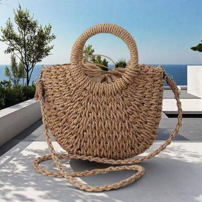 Small Round Bucket Letter Ribbon Messenger Bag Paper Rope Semicircular Hand-woven Bag Vacation Shoulder Portable Yuan Bucket Mobile Phone Bag