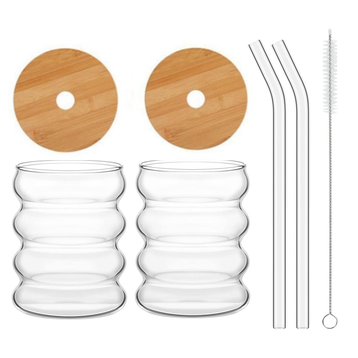 

Leeseph 2pcs Creative Glass Cups with Lids and Straws Brush, Cute Cup Wave Shape Beverage Glasses for Juice Coffee Tea Ice Drink 350ml чистый
