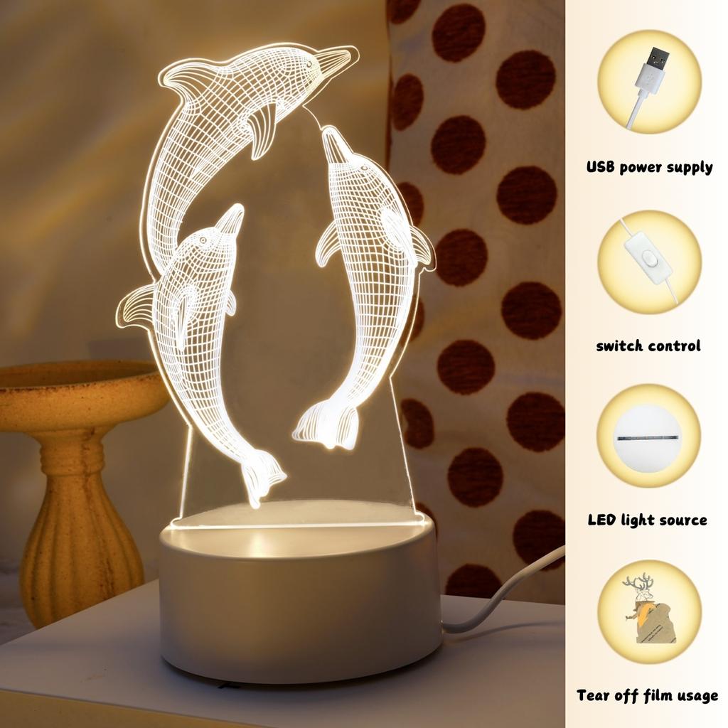 Dreamy Dolphin 3D Night Light - Soft Warm LED, USB powered, suitable for bedroom and living room decoration, ideal birthday gift