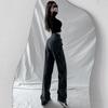 Women's Black and Gray High Waist Straight Jeans - Slim Fit, Drape Loose, Floor-Length Trousers