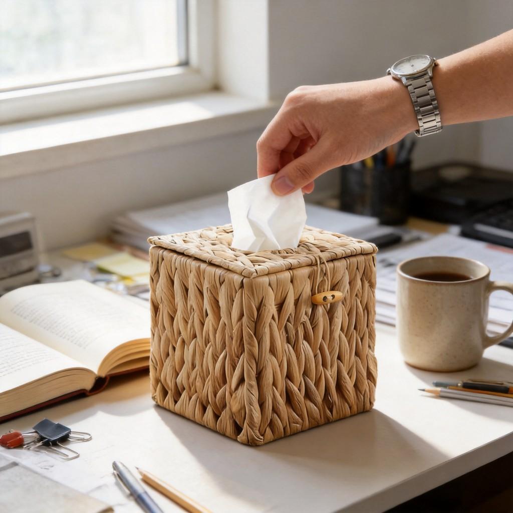 Rattan Tissue Box Holder With Lid For Living Room And Bathroom Decor