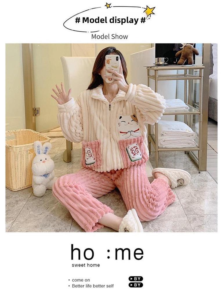 Cozy Coral Fleece Flannel Striped Loungewear for Plus Sizes (up To 220 Lbs) - Cute and Warm for Autumn and Winter