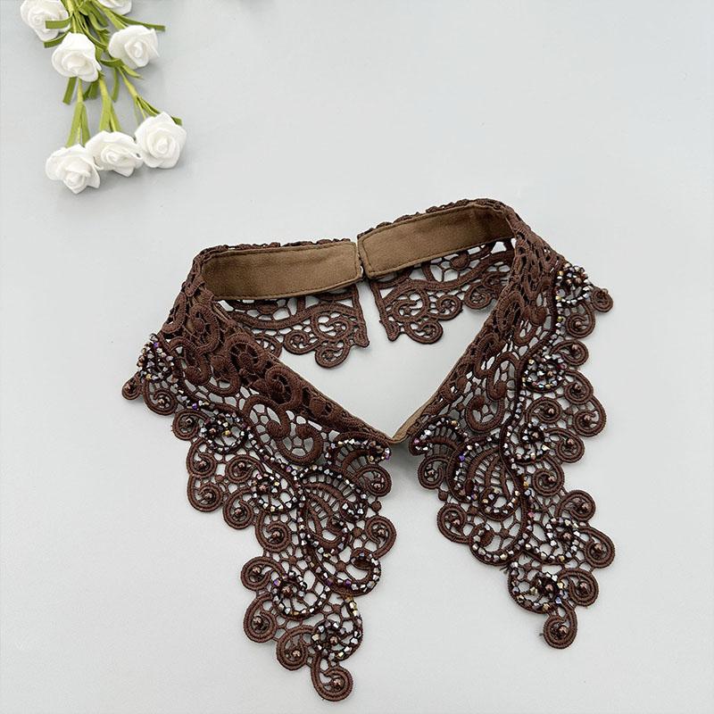 Fashion White Hollow Lace Fake Collar Blouse Decoration Lapel False Collar Beading Removable Detachable Collar Neckline Faux Col
