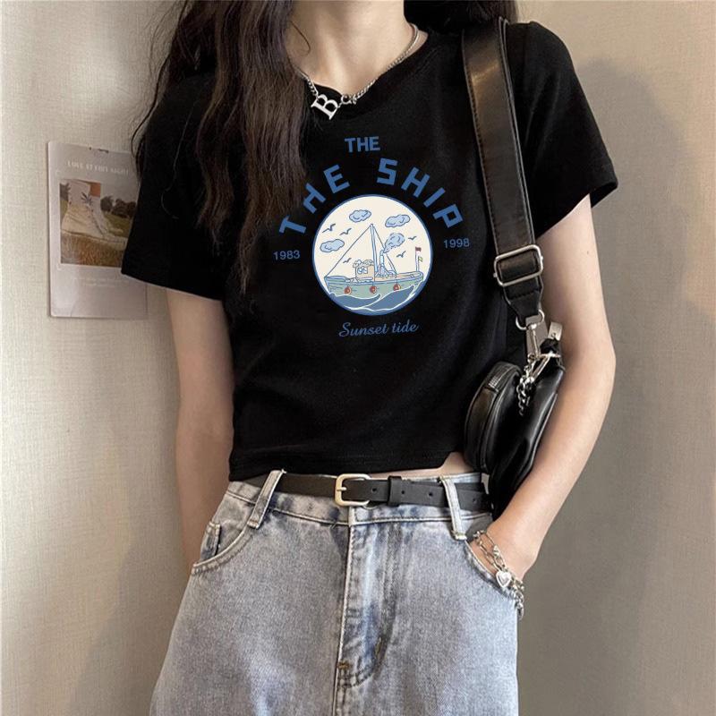 A pure cotton white t-shirt women's design front shoulder short sleeve summer letter print high waist spice top