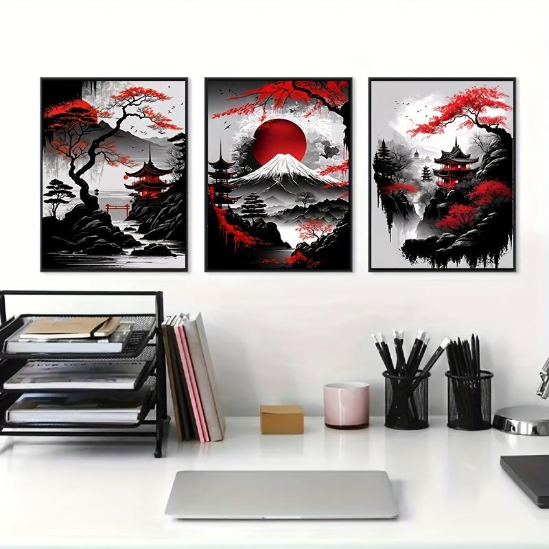 Landscape Canvas Painting Black And Red Posters Vintage Ink Art Wall Prints For Living Room Home 3pcs Frameless Japanese Natural