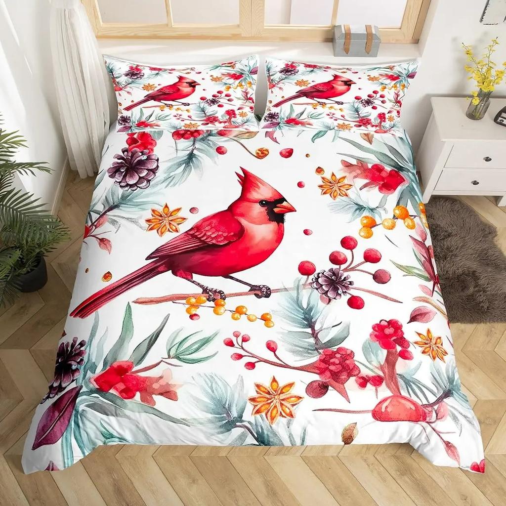 Ložní souprava Red Cardinals King Queen Size Akvarelové šišky Přikrývka Roztomilí ptáčci Povlak na přikrývku Romantická láska Povlak na prošívanou deku