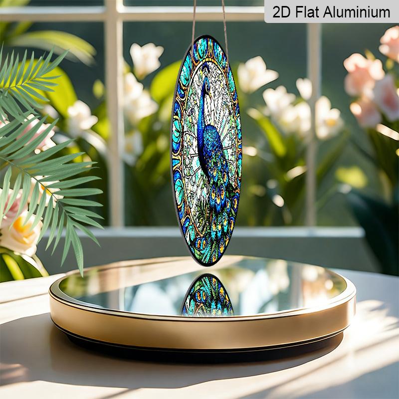 2D Flat, Vintage Stained Glass Style Peacock Round Aluminum Wall Decoration, Available in Various Sizes. Vintage Dessert Style Wall Decoration