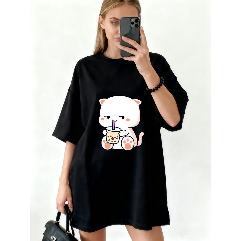 Oversized T-Shirt Black Cute Cat Drinking Bubble Tea Print Casual Everyday Wear