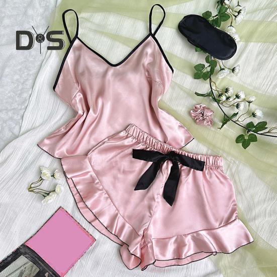 

2 шт./компл., женский пижамный комплект, атласные бретельки, без рукавов, с открытой спиной, с V-образным вырезом, топ с эластичной резинкой на талии, с рюшами, плиссированные шорты с бантом, комплект домашней одежды, одежда для сна S чёрный