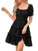 Europe and the United States new high-waisted popular women's clothing square neck bubble sleeve ruffle pleated dress
