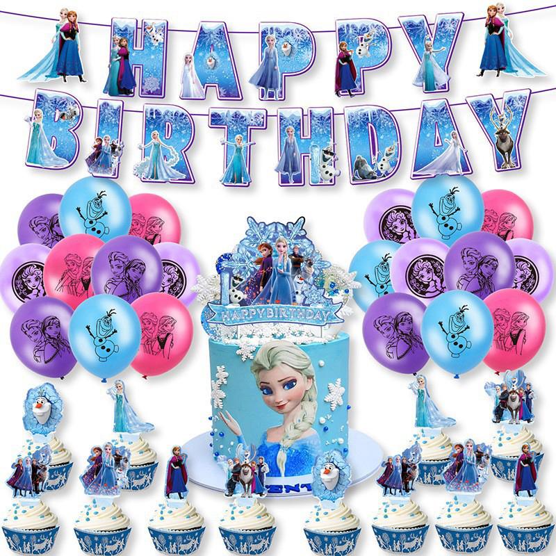 Anime Frozen Themed Birthday Party Decoration Elsa Anna Cartoon Balloon Banner Take Photos Paper Glasses Props Party Supplies
