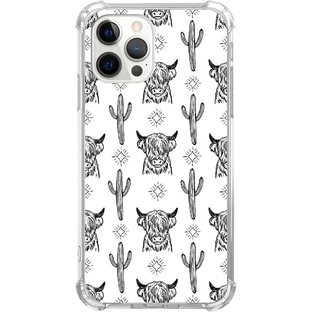 West Cow Cactus Pattern Case Compatible with iPhone 16 Pro, Wild West Animal Cow Plants Cactus Cover for iPhone 16 Pro, Cool TPU Phone Case Cover
