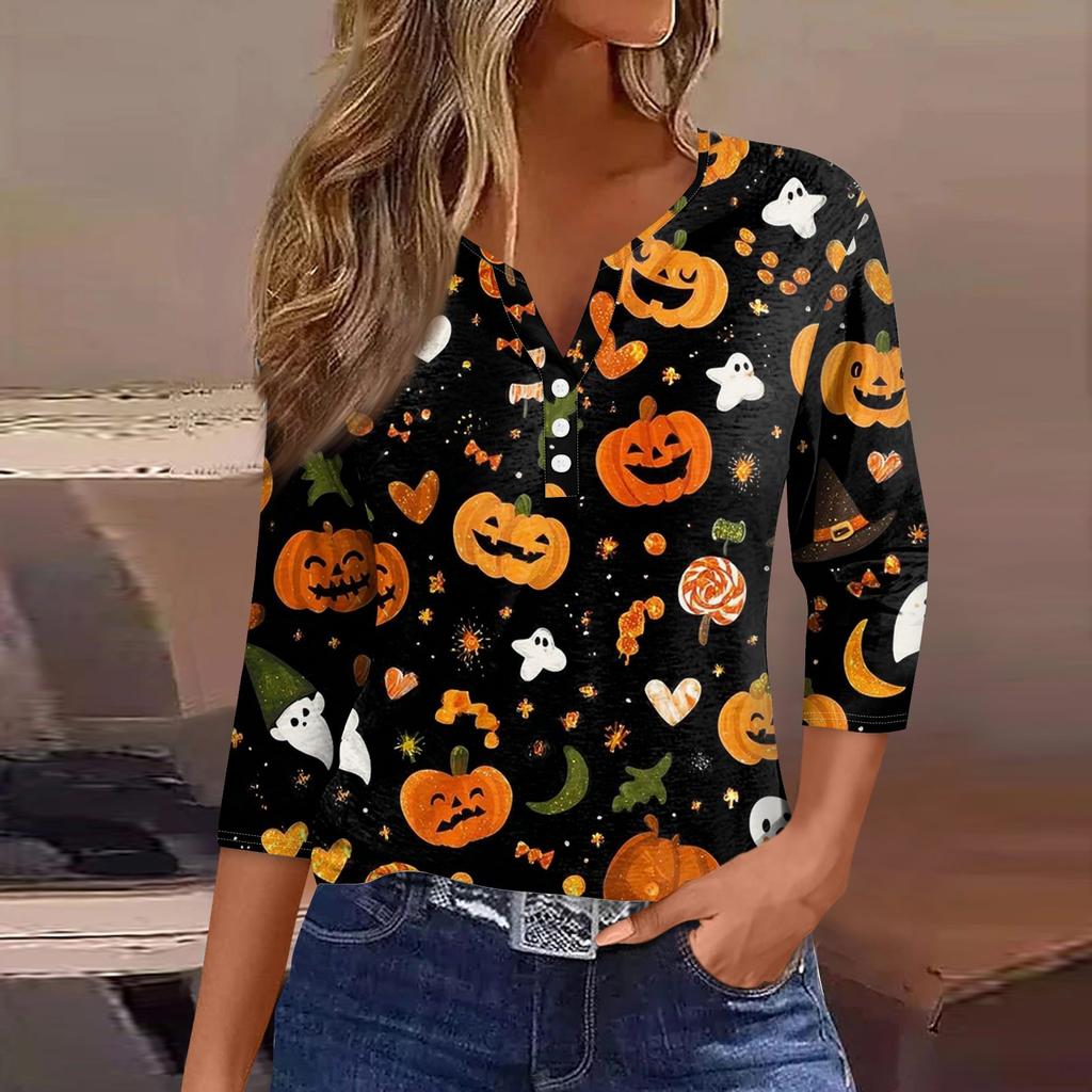 Top T-shirt da donna con scollo a V, bottoni, maniche a tre quarti, per Halloween