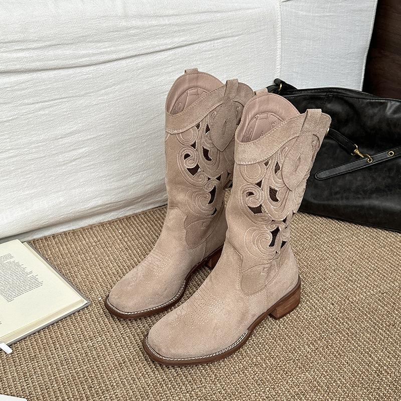 Fashion Retro Hollow Embroidered Western Cowboy Boots Women's 2025 Summer New Versatile Outer Wear Thick Heel Knight Boots