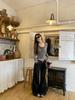 Women's Winter Chic Slim Fit V-Neck Gray Lace Tie-Up Cropped Top