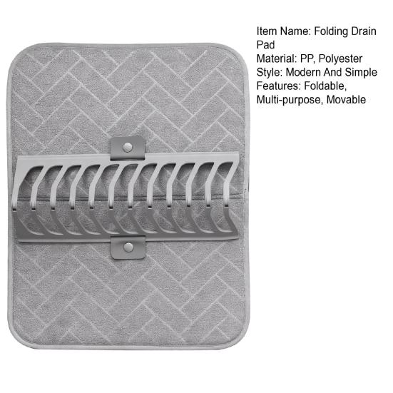 Foldable Dish Drying Mat Super Absorbent Microfiber Drain Pad Stackable Shelf Design Non-Slip Kitchen