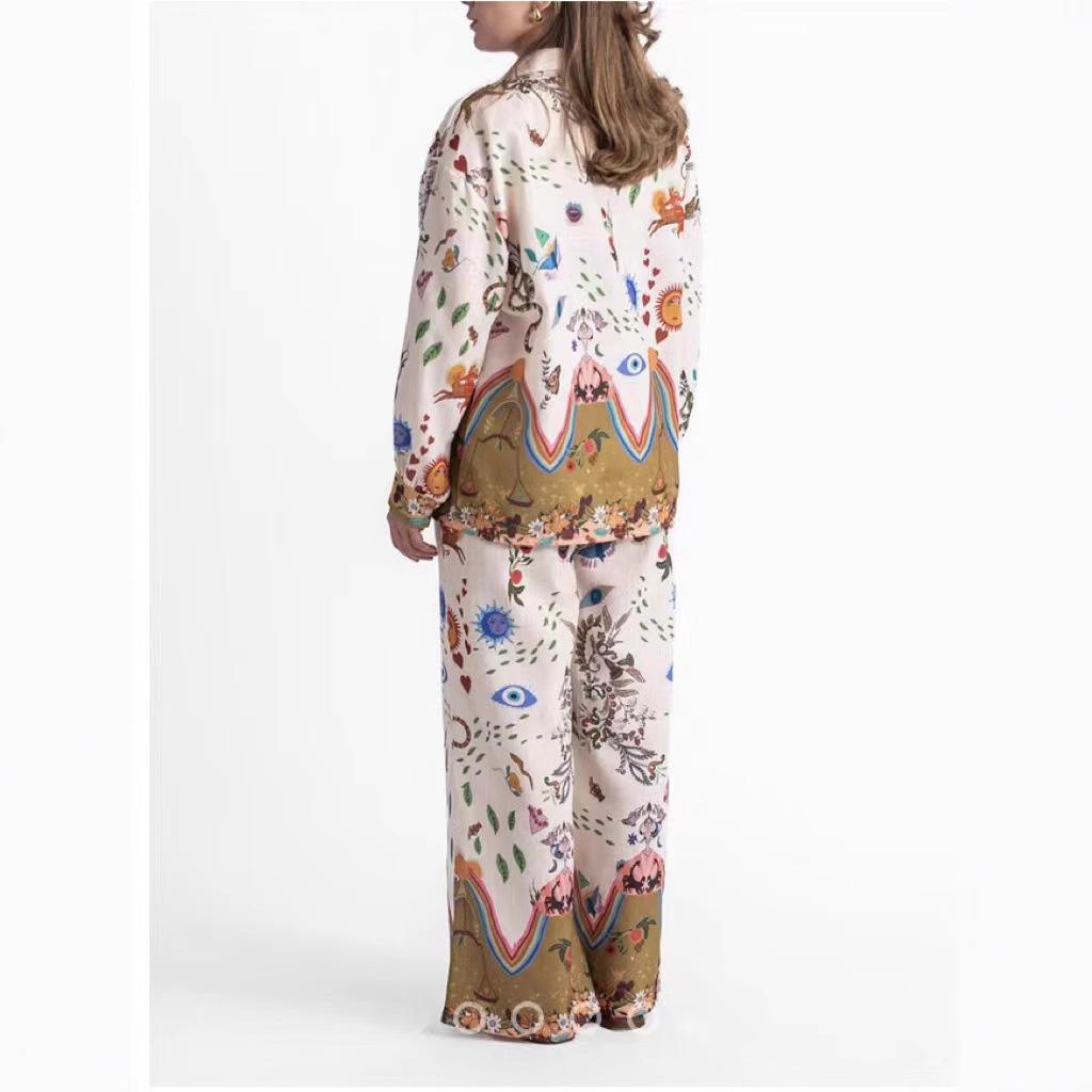 Autumn and winter new European and American positioning printing fashionable versatile loose trousers shirt + thin trousers two-piece set