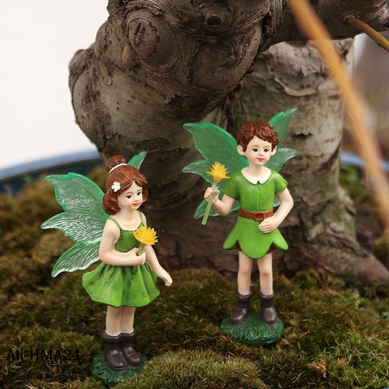2 Stück Lustige Fee Junge und Mädchen Statue, Feengarten Zubehör, Harz Skulptur für Mikrolandschaft Blumentopf Rasen Hof Garten