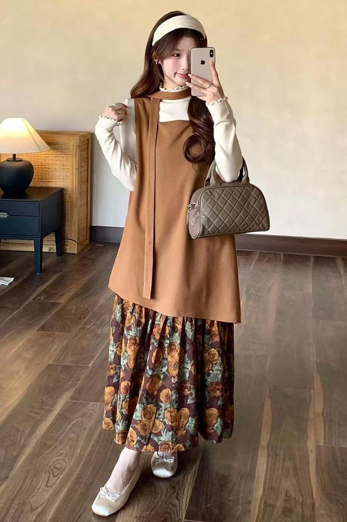 Chubikime Long Dress with Floral Faux Layered Loose and Ribbon Stylish and Feminine for and Women's Two-Piece Print, Design, A-Line, Fit, Detail.