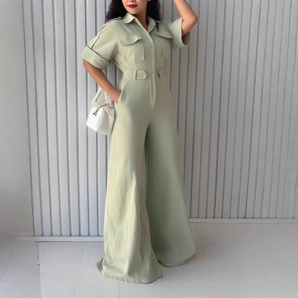 Women's Fashion Jumpsuit: New Loose-Fit, Waist-Slimming Wide-Leg Pants with Lapel Workwear Design.