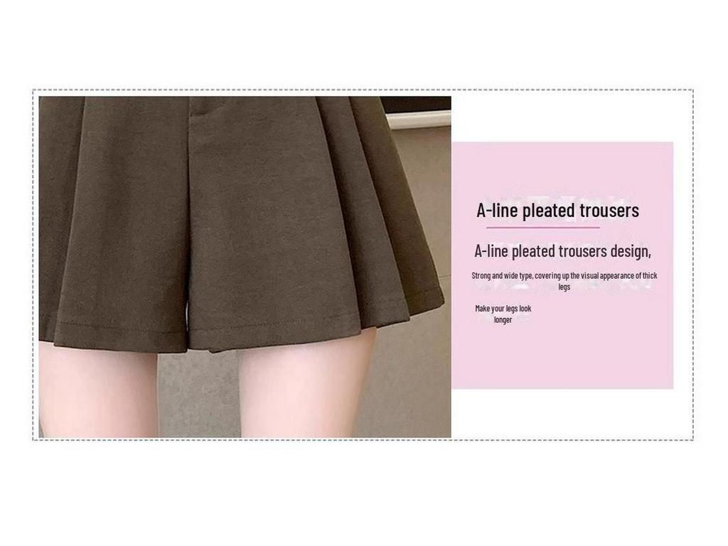 Dámské 2024 hnědé plisované vlněné šortky s vysokým pasem: Kalhotová sukně se širokými nohavicemi, podzimní/zimní styl