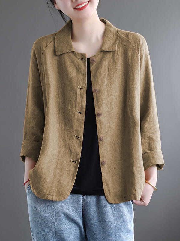 Damen Baumwolle Leinen Hemdjacke - Frühling/Herbst Vielseitig Einfarbig mit Sonnenschutz