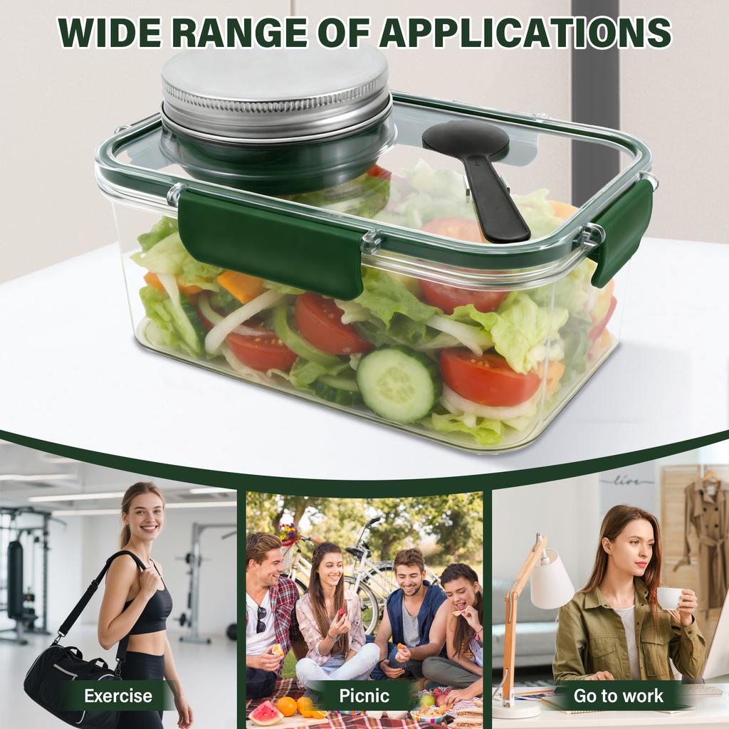 800ml Mason Jar Salad Container Portable Rectangular Salad Pod with 74ml Dressing Cup Leak Proof Lunch Box for Office School