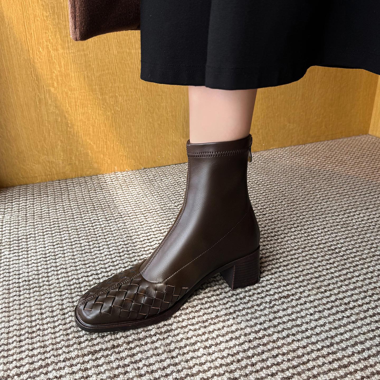 

Fashion 2025 Fashion Women Shoes Genuine Leather Short Boots Square Toe Chunky Heel Winter Stretch Modern Women Boots Solid High Heels 34