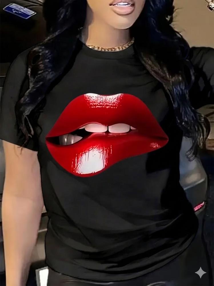 Unisexs Red Lip Print T Shirt Sexy Short Sleeve Casual Crew Neck Tee Shirt
