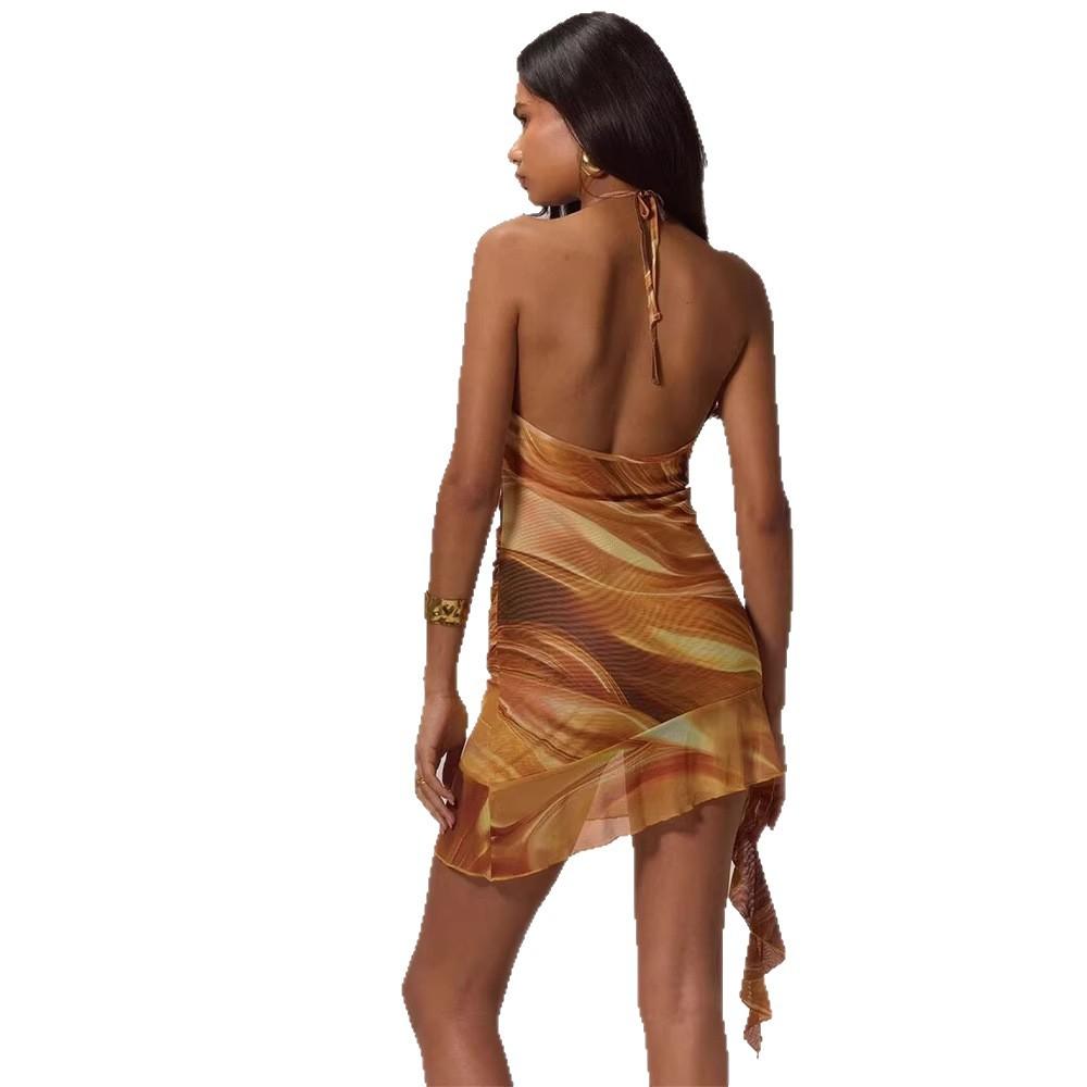 Ins Women's Clothing European and American Style Sexy V-neck Neck Slim and Thin Mesh Printing Dress Fashionable Holiday Style