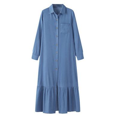 Vestido maxi feminino com gola virada para baixo, manga comprida, cardigã solto, babado, bainha fluida, vestido de viagem