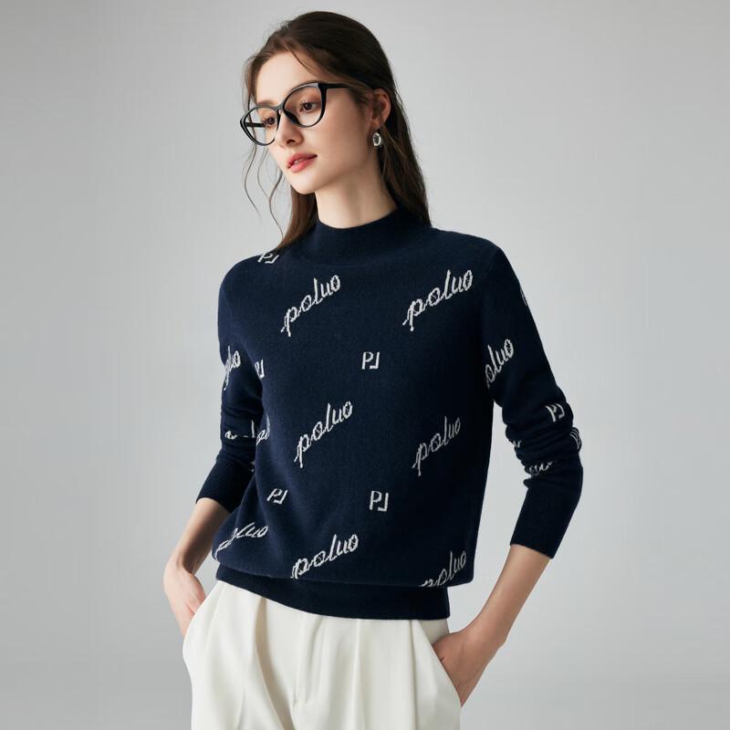PALUO Women's 100% Cashmere Letter Jacquard Half-Turtleneck Sweater