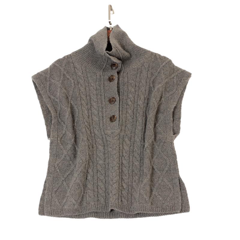 

Женский утолщенный кашемировый жилет с широкими плечами, кабельной вязкой 5-го класса, отложным воротником и пятью роговыми пуговицами. One Size коричневый