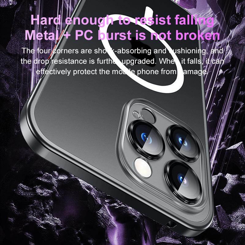 Mattierte Rückseite, magnetisches kabelloses Laden, Aluminium-Metall-Stoßstangenhülle für iPhone 12 13 14 Pro Max, Objektiv-Glasschutzfolie