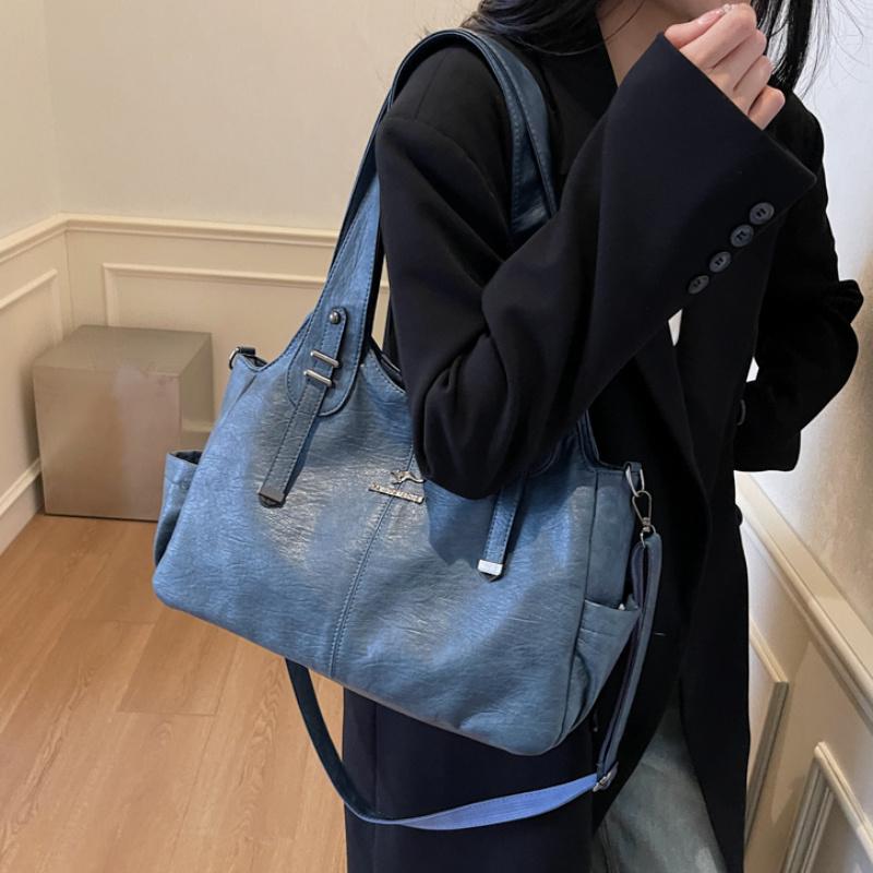Women Retro Soft Leather Tote Bag Large Capacity Shoulder Handbag Vintage Multi-Pocket Work Shopping Crossdbody Bags