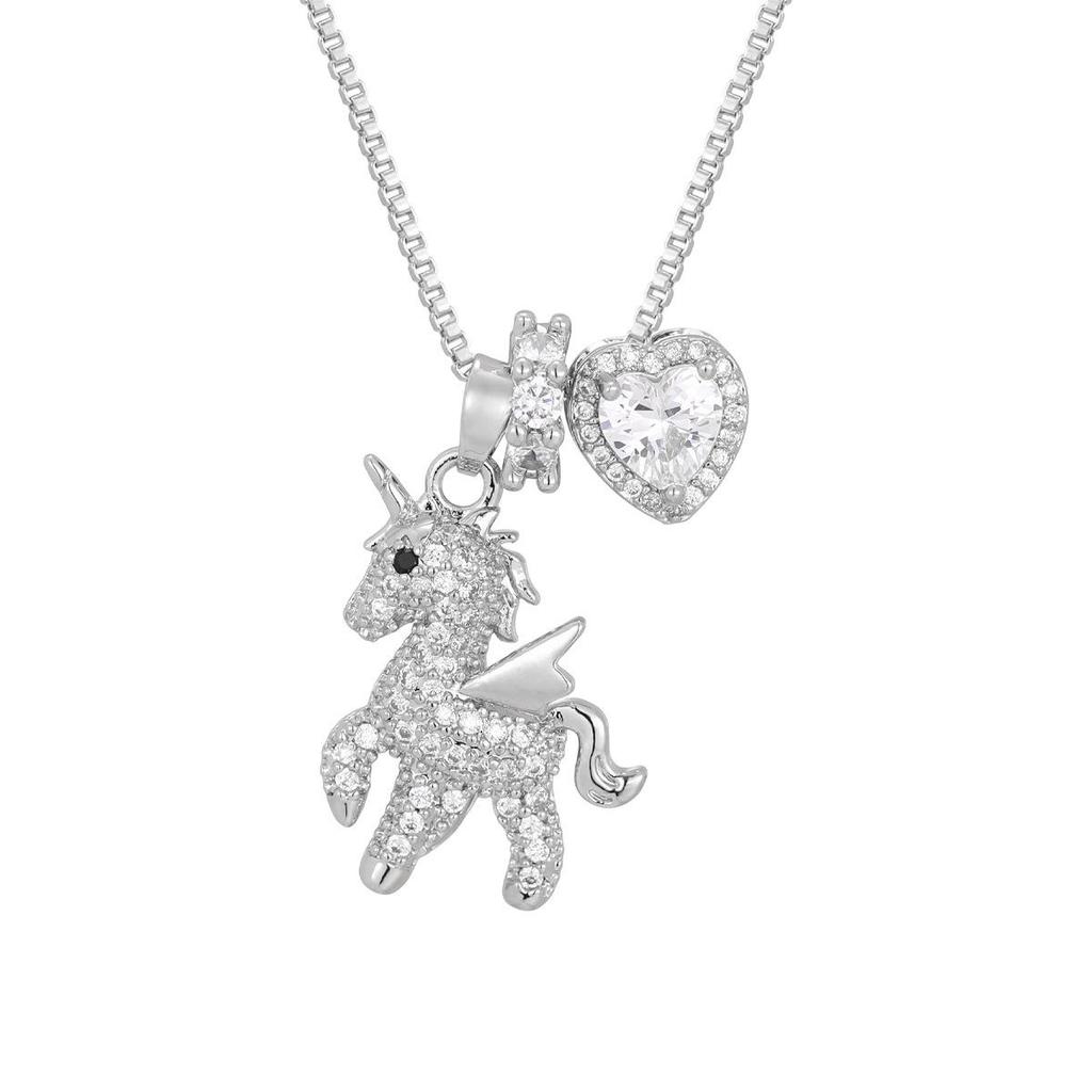 European and American Cute Unicorn Pony Necklace - Real Gold-Plated, Rhinestone-Embellished, Luxurious Jewelry Piece.