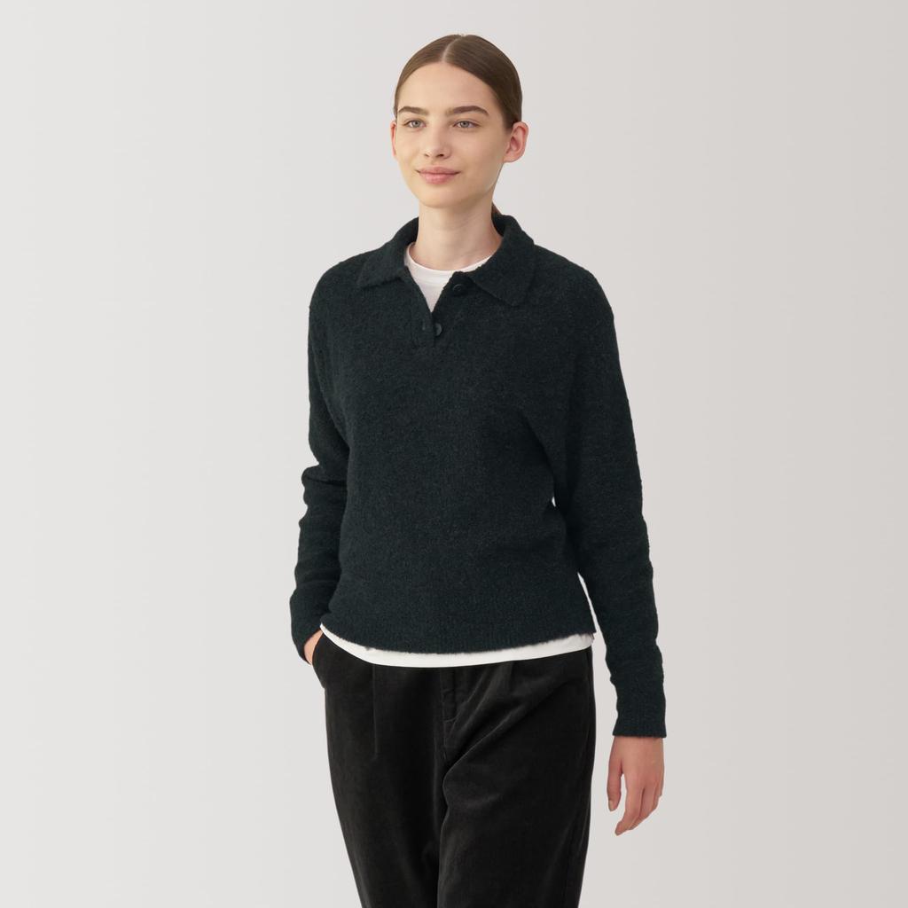 MUJI Women's Wool-Blend Boucle Polo Sweater, Dark Gray, Size XL, BA1P7A4A