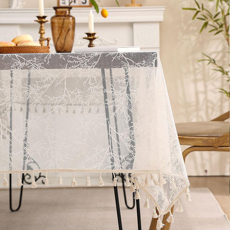 Vintage French Embroidered Lace Tablecloth - White, Nordic-Inspired Polyester Dust Cover for TV Stand, Wine Cabinet & Shoe Rack