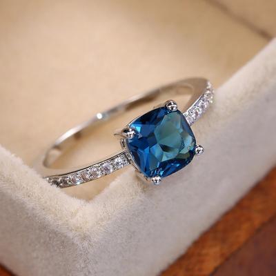 Huitan Square Blue Series Stone Women Rings Simple Minimalist Pinky Accessories Ring Band Elegant Engagement Zircon Rings