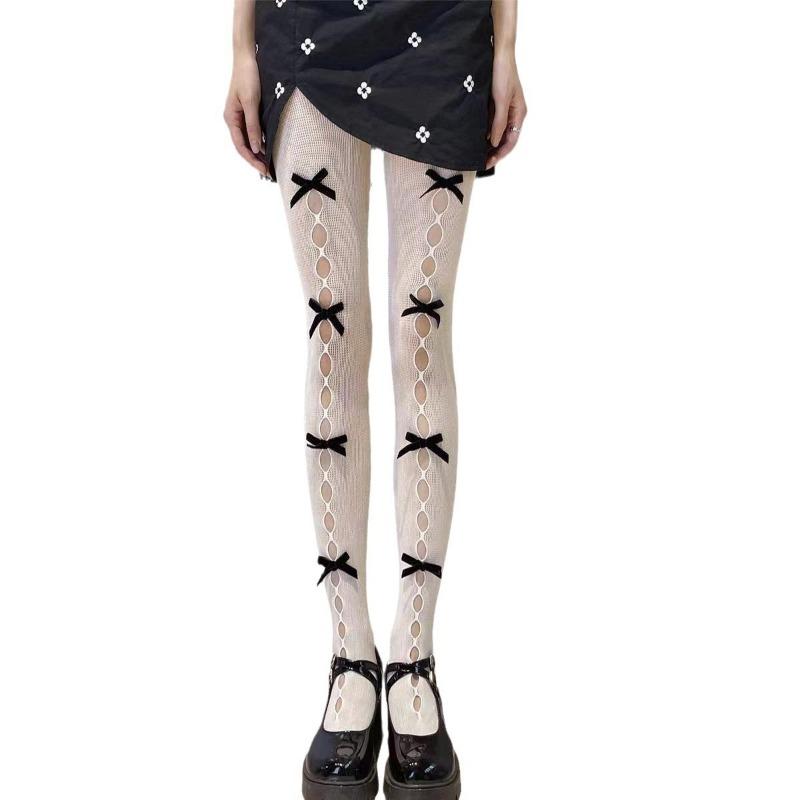 Women Sexy Lolita Bowknot Hollow Out Fishnet Pantyhose Japanese Jk Style Tights