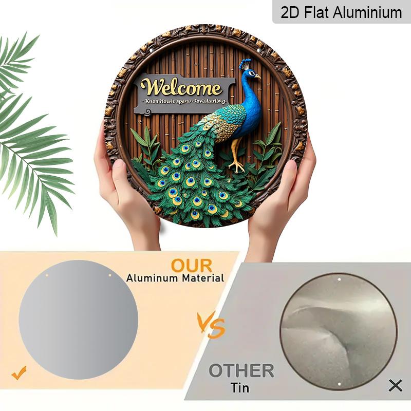 2D Flat, 1pc Round Aluminum Peacock Welcome Metal Sign, Tropical Bamboo Wall Plaque-Unique Design, Waterproof & Rustproof, Perfect for Front Door